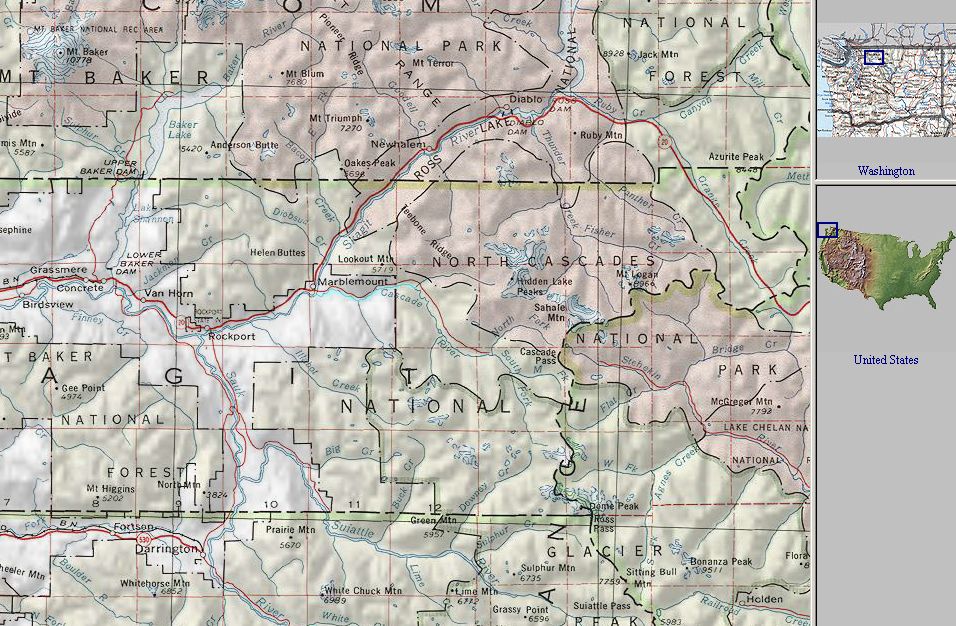 Cascade Mountains Map. The Cascade is near the center